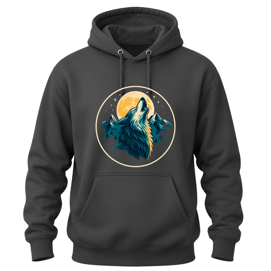 Charcoal Grey wildlife hoodie showing a howling wolf under a golden moon with mountains and pine forest accents.