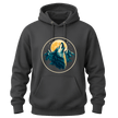 Charcoal Grey wildlife hoodie showing a howling wolf under a golden moon with mountains and pine forest accents.