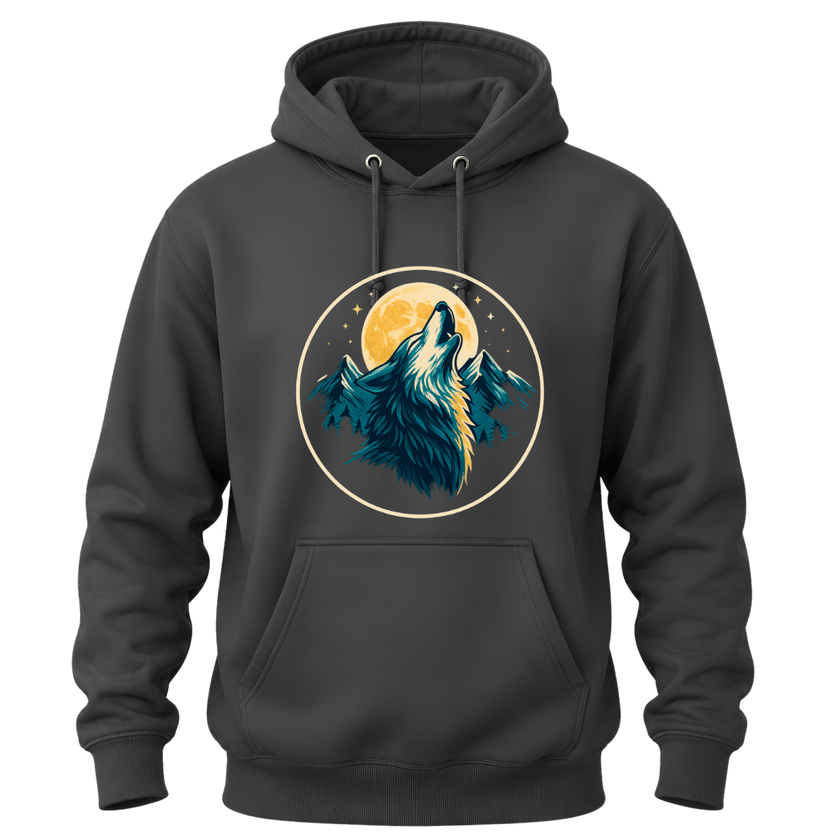 Charcoal Grey wildlife hoodie showing a howling wolf under a golden moon with mountains and pine forest accents.