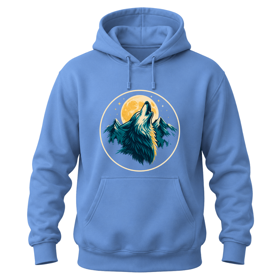 Carolina Blue hoodie featuring a howling wolf, golden moon, mountain peaks, stars, and forest details for nature lovers.