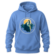 Carolina Blue hoodie featuring a howling wolf, golden moon, mountain peaks, stars, and forest details for nature lovers.