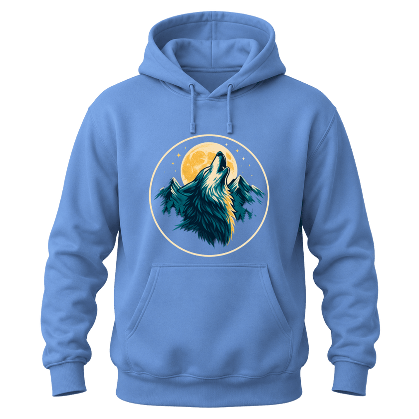 Carolina Blue hoodie featuring a howling wolf, golden moon, mountain peaks, stars, and forest details for nature lovers.
