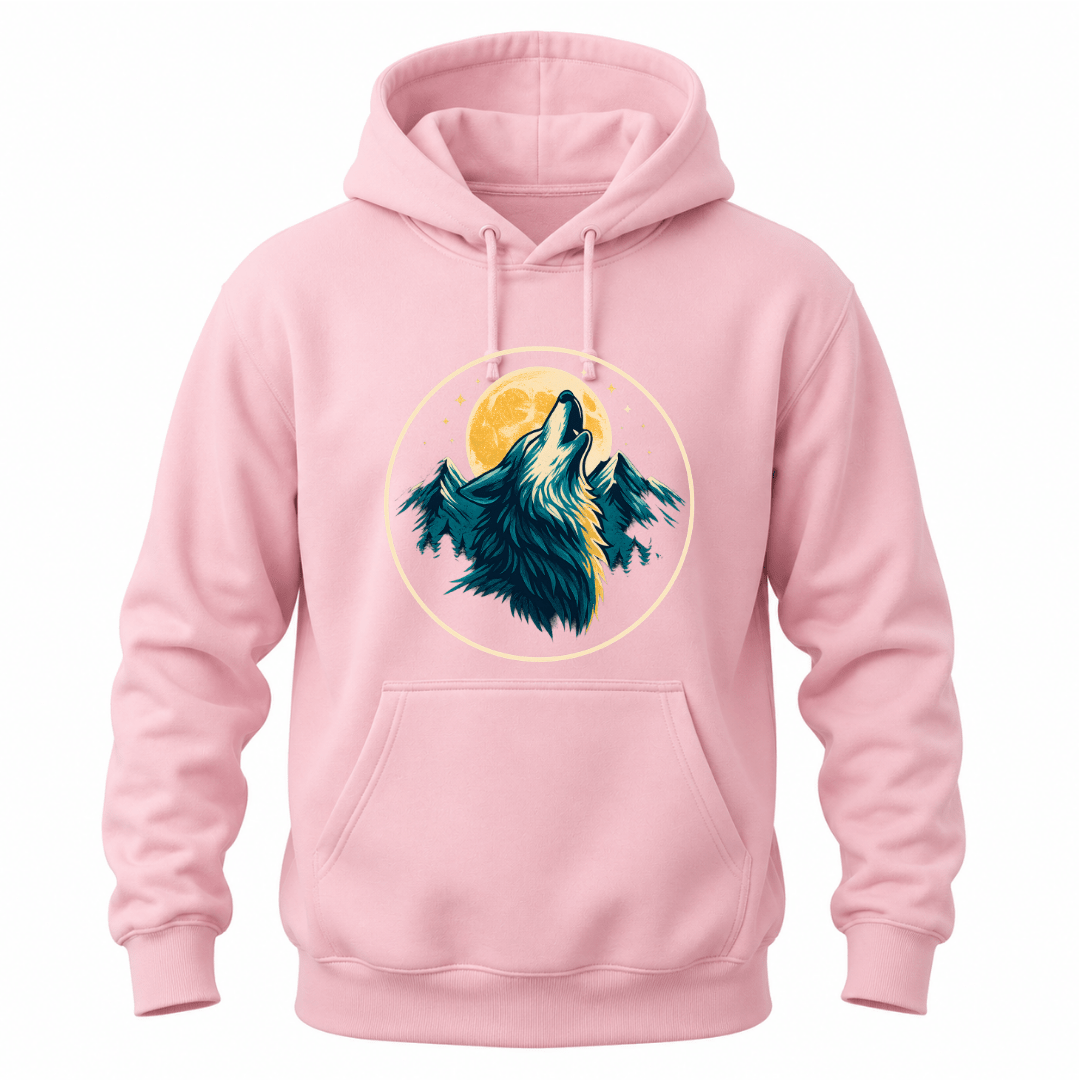 Light Pink hoodie with a howling wolf and moon design, perfect for wolf lovers and outdoor adventure style.