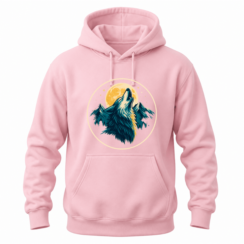 Light Pink hoodie with a howling wolf and moon design, perfect for wolf lovers and outdoor adventure style.