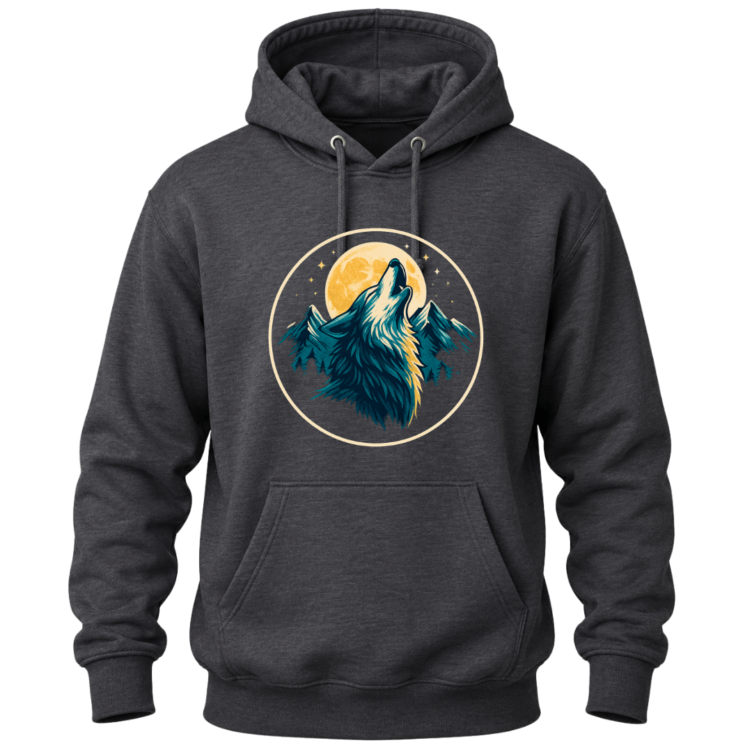 Dark Heather Grey hoodie with a detailed wolf howling at the moon graphic and nature inspired mountain design.