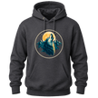 Dark Heather Grey hoodie with a detailed wolf howling at the moon graphic and nature inspired mountain design.