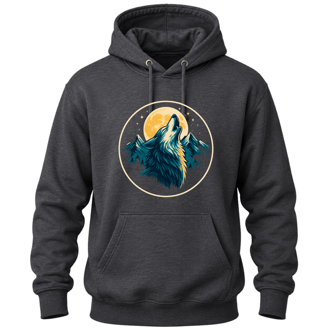 Dark Heather Grey hoodie with a detailed wolf howling at the moon graphic and nature inspired mountain design.