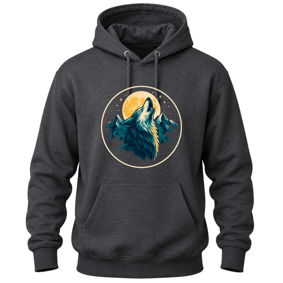 Dark Heather Grey hoodie with a detailed wolf howling at the moon graphic and nature inspired mountain design.
