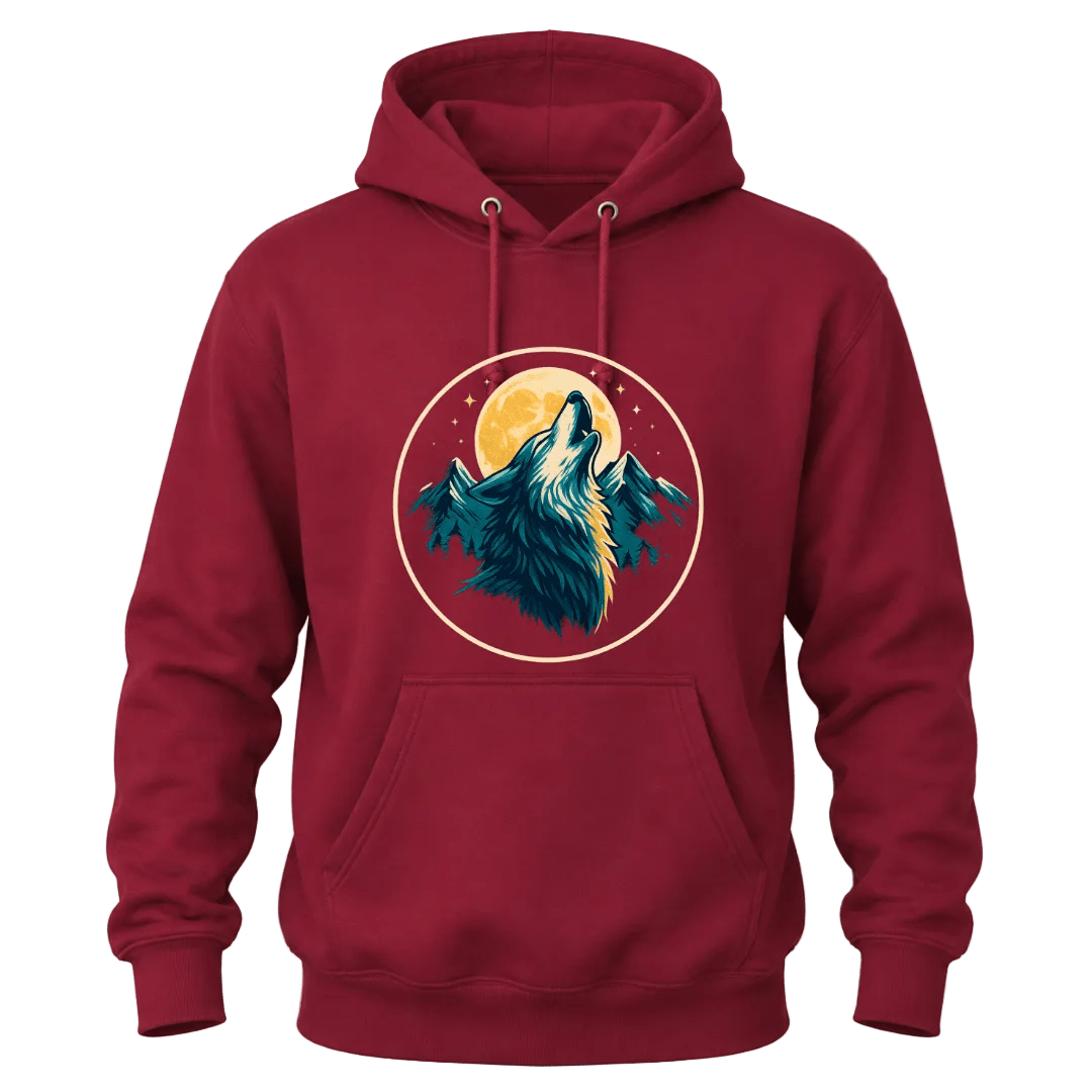 Cardinal Red wolf moon hoodie featuring a bold wildlife graphic for hikers, campers, and outdoor lovers.