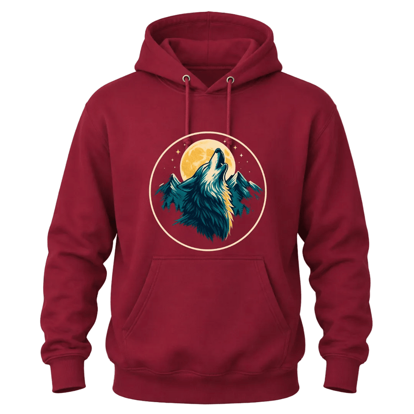 Cardinal Red wolf moon hoodie featuring a bold wildlife graphic for hikers, campers, and outdoor lovers.