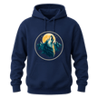 Navy howling wolf graphic hoodie with golden moon, pine forest, mountains, and nature inspired design.