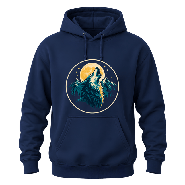 Navy howling wolf graphic hoodie with golden moon, pine forest, mountains, and nature inspired design.