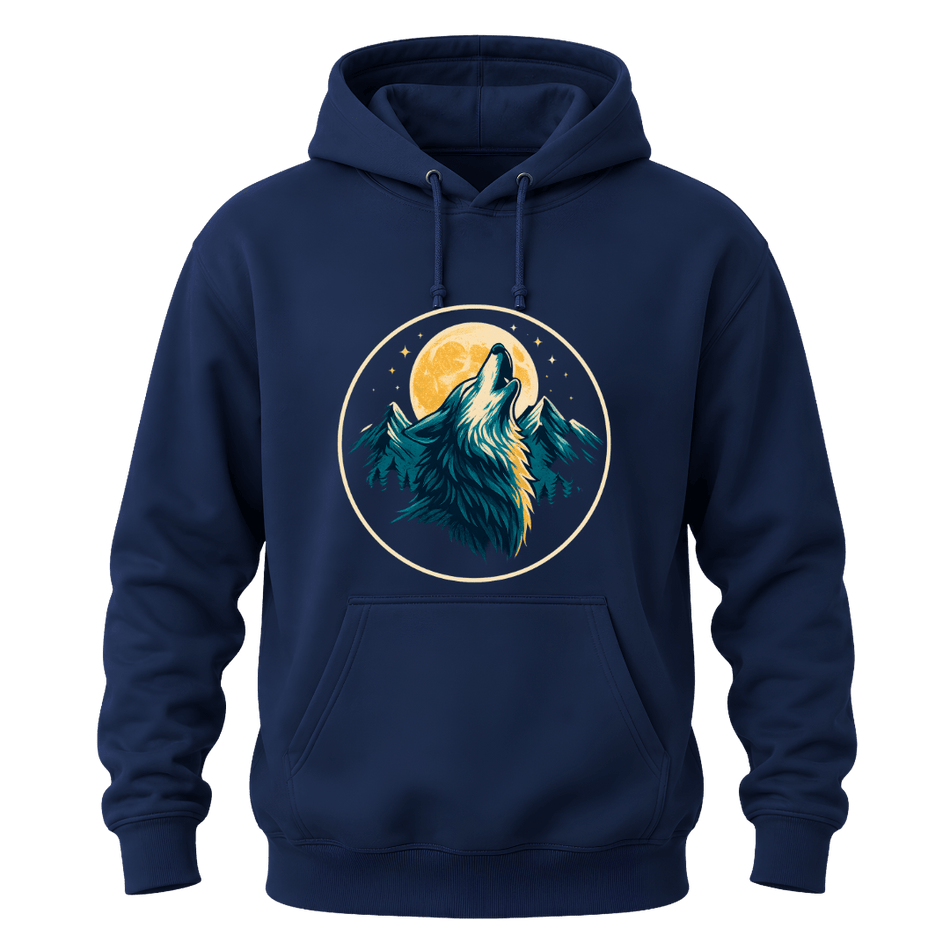 Navy howling wolf graphic hoodie with golden moon, pine forest, mountains, and nature inspired design.