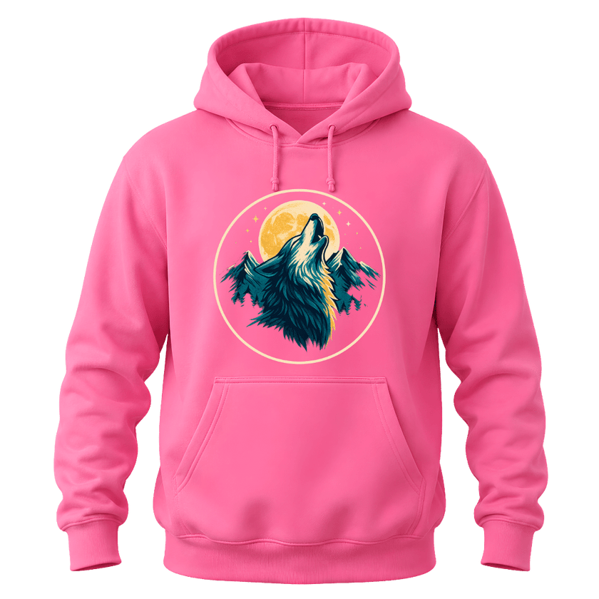 Azalea pink hoodie featuring a wolf moon mountain graphic for animal lovers, campers, hikers, and outdoor fans.