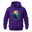 Purple mountain graphic hoodie with a dramatic howling wolf, full moon, stars, and forest inspired details.