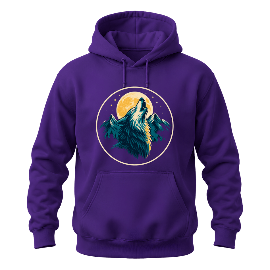 Purple mountain graphic hoodie with a dramatic howling wolf, full moon, stars, and forest inspired details.
