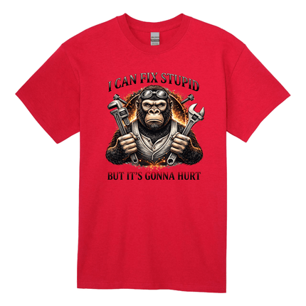 Red graphic t-shirt showing a gorilla mechanic holding tools with humorous “I Can Fix Stupid” slogan for novelty apparel.