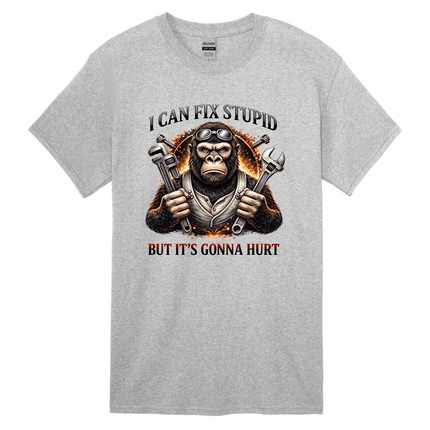 Grey t-shirt featuring a funny mechanic gorilla graphic holding tools with “I Can Fix Stupid But It’s Gonna Hurt” printed design.
