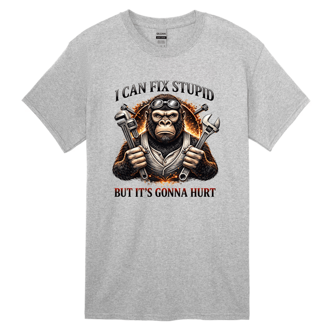 Grey t-shirt featuring a funny mechanic gorilla graphic holding tools with “I Can Fix Stupid But It’s Gonna Hurt” printed design.