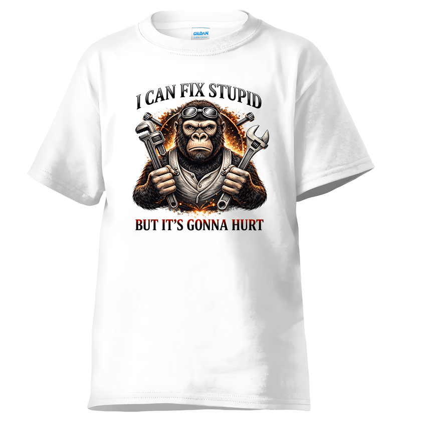 White graphic t-shirt displaying a mechanic gorilla illustration with tools and sarcastic funny quote ideal for mechanic gift ideas.