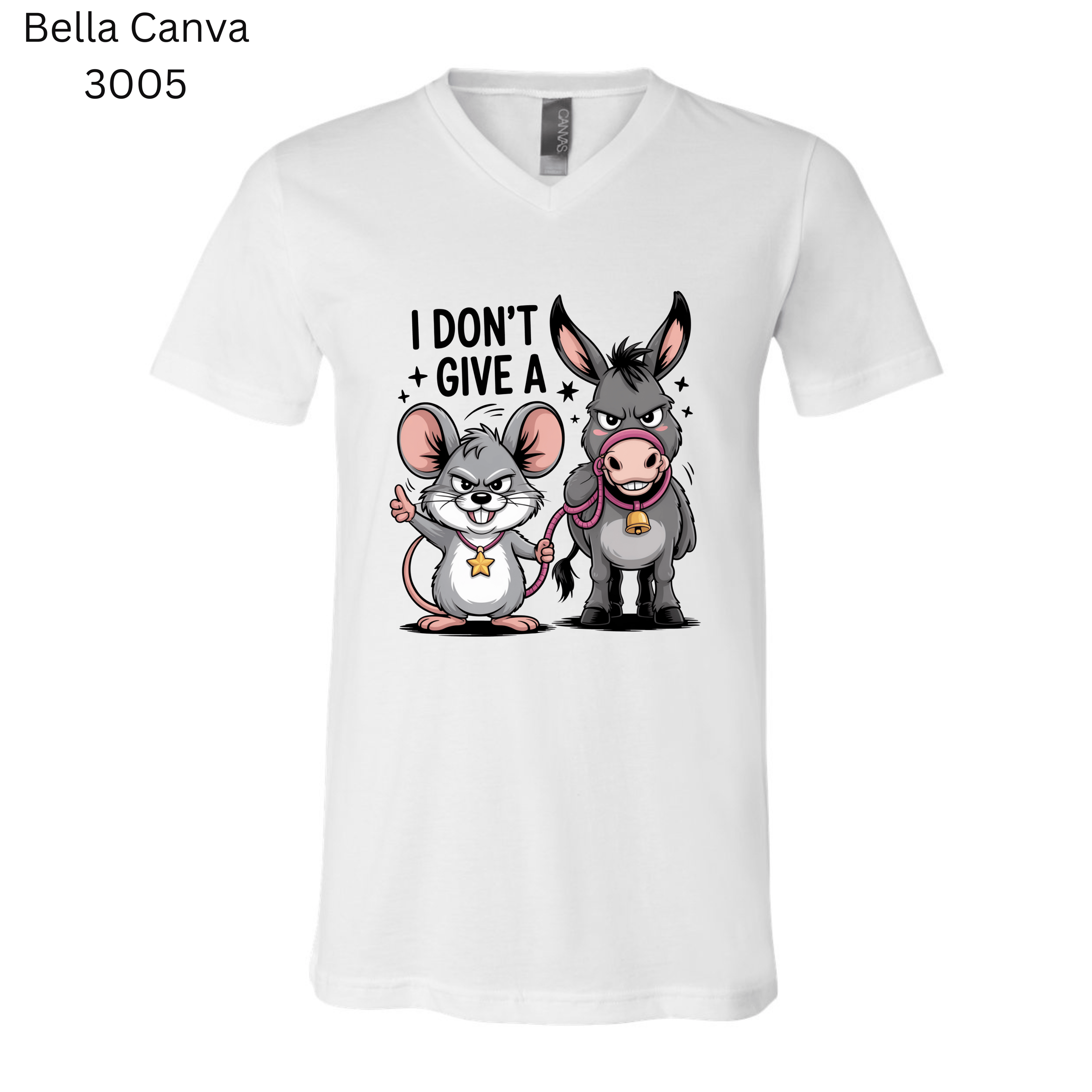 I Don’t Give A’ funny animal T-shirt with mouse and donkey artwork. Hilarious sarcastic gift idea for friends.