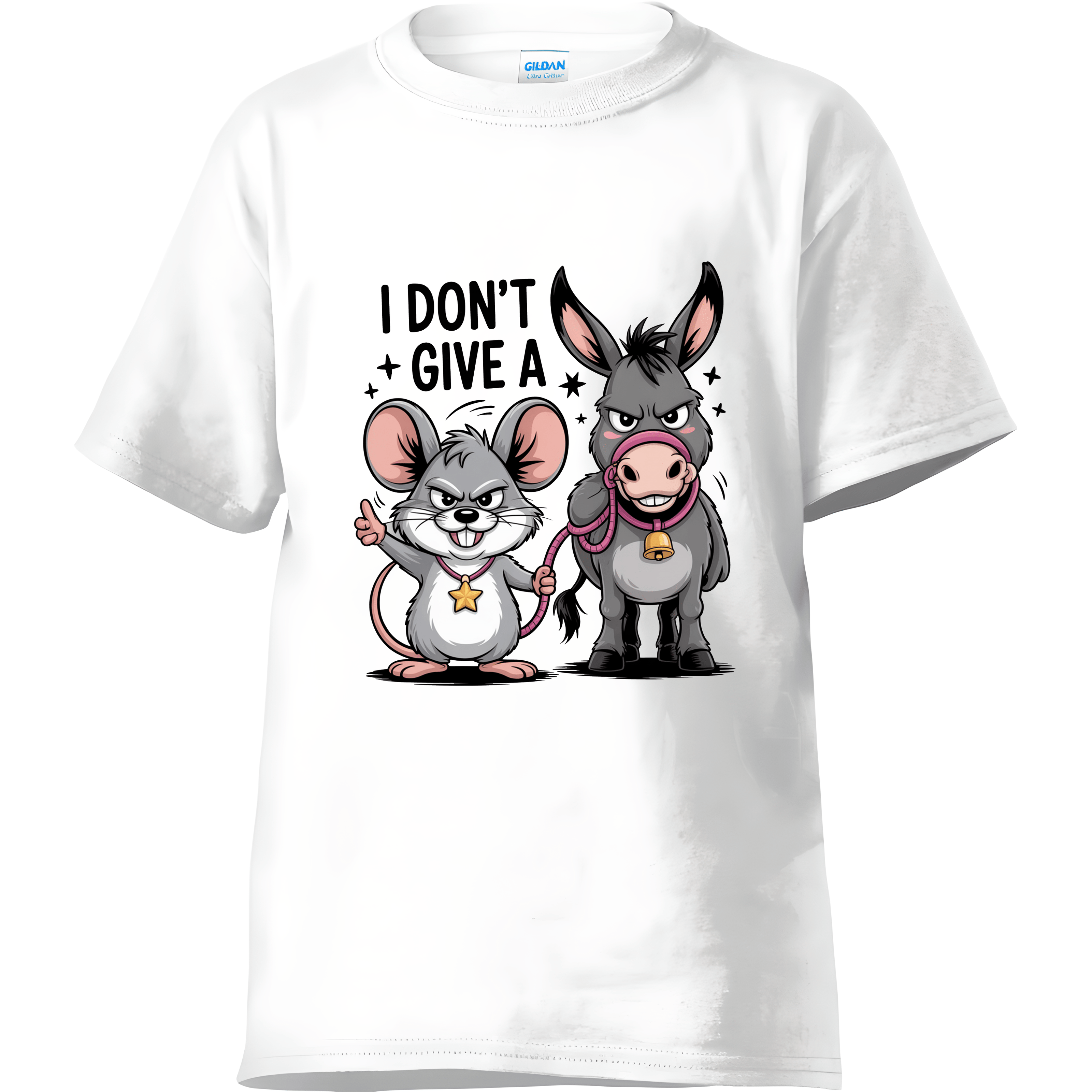 White t-shirt with cartoon characters and text 'I Don't Give A' on a white background
