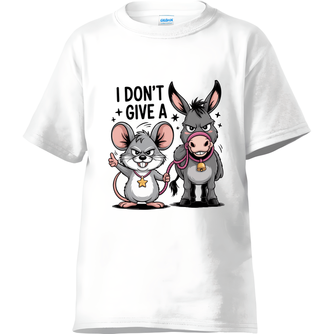 White t-shirt with cartoon characters and text 'I Don't Give A' on a white background