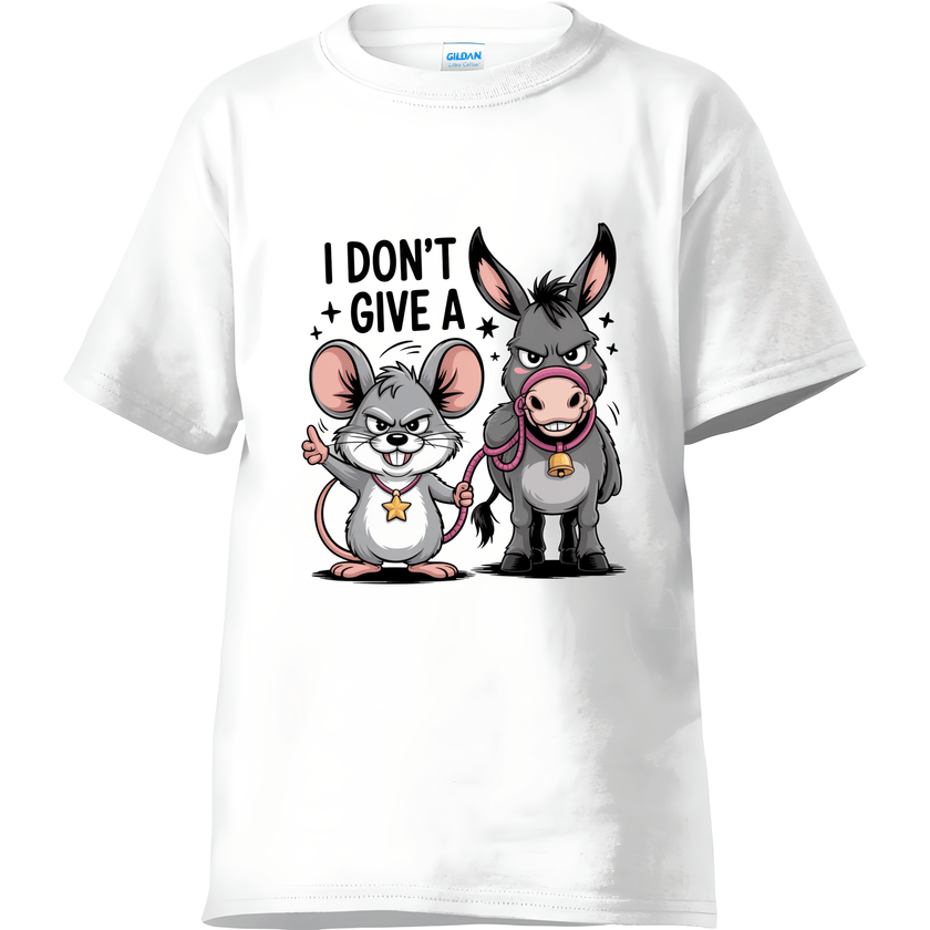 White t-shirt with cartoon characters and text 'I Don't Give A' on a white background