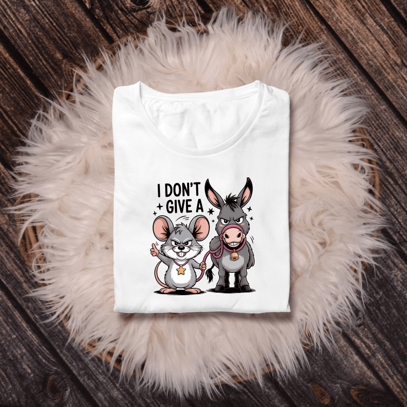 Humorous graphic tee with cartoon mouse and donkey illustration saying ‘I Don’t Give A.’ Trendy unisex funny shirt.
