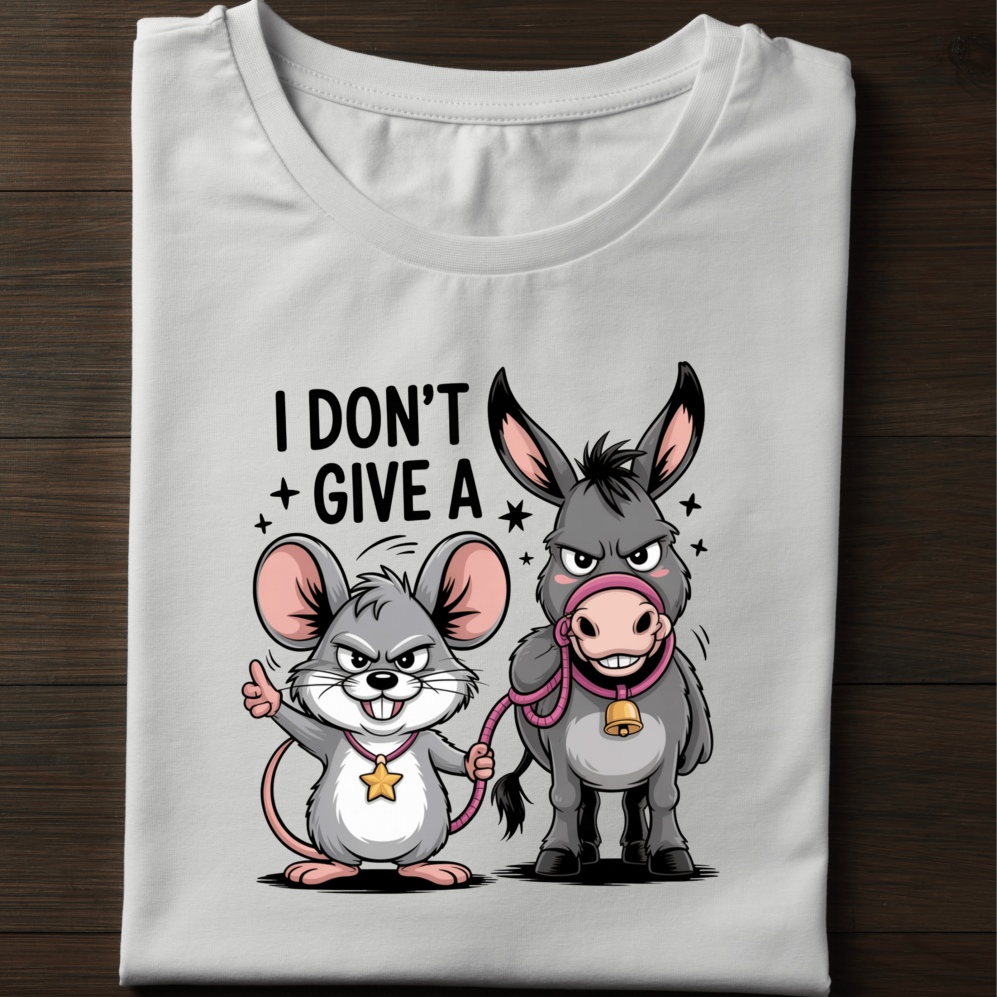 Funny sarcastic T-shirt featuring cartoon animals with the quote ‘I Don’t Give A.’ Perfect novelty gift for men or women.