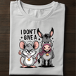 Funny sarcastic T-shirt featuring cartoon animals with the quote ‘I Don’t Give A.’ Perfect novelty gift for men or women.