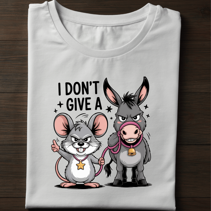 Funny sarcastic T-shirt featuring cartoon animals with the quote ‘I Don’t Give A.’ Perfect novelty gift for men or women.