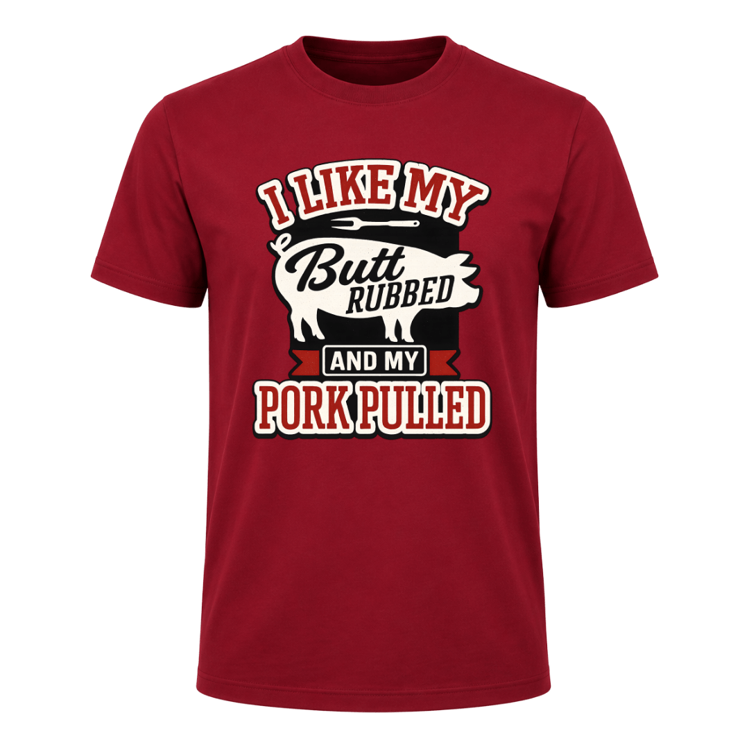 Cardinal Red BBQ shirt featuring a humorous pulled pork quote and bold pig artwork for cookouts and Father’s Day gifts.