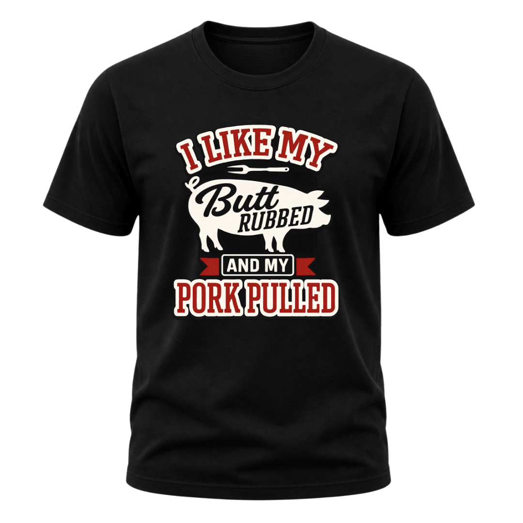 Black men’s BBQ graphic tee with a standout pork design and funny food pun for backyard grilling fans.