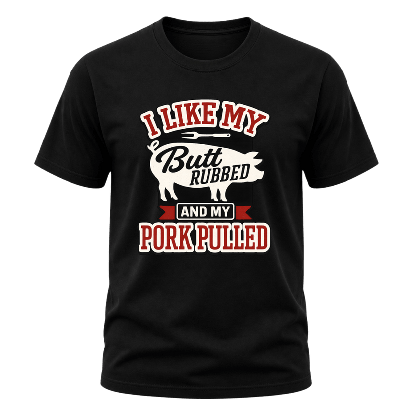 Black men’s BBQ graphic tee with a standout pork design and funny food pun for backyard grilling fans.
