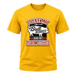 Yellow funny barbecue T shirt with bold red and black lettering, pig graphic, and pulled pork inspired humor.