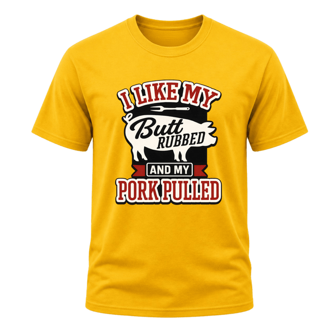 Yellow funny barbecue T shirt with bold red and black lettering, pig graphic, and pulled pork inspired humor.