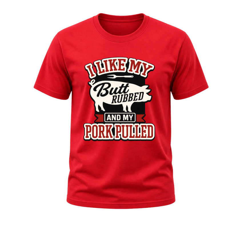 Red pulled pork T shirt with a humorous BBQ inspired design, perfect for grill dads, pitmasters, and cookout lovers.