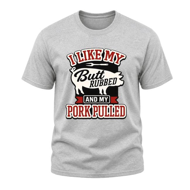 Sport Grey men’s graphic tee featuring a bold pig silhouette, barbecue fork detail, and funny pulled pork quote.