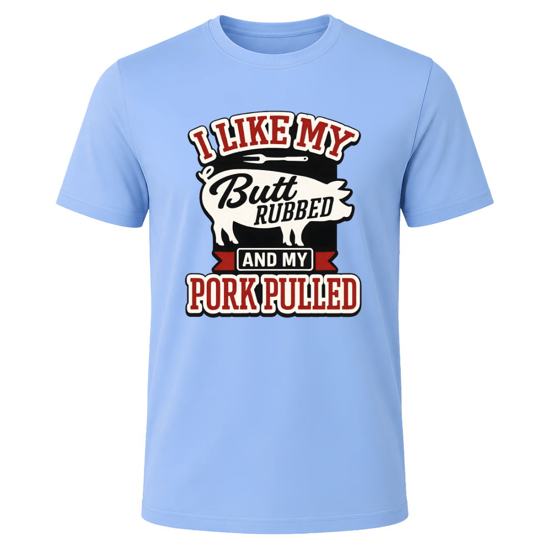 Carolina Blue pulled pork graphic T shirt with BBQ themed lettering and pig design for grill lovers and pitmasters.