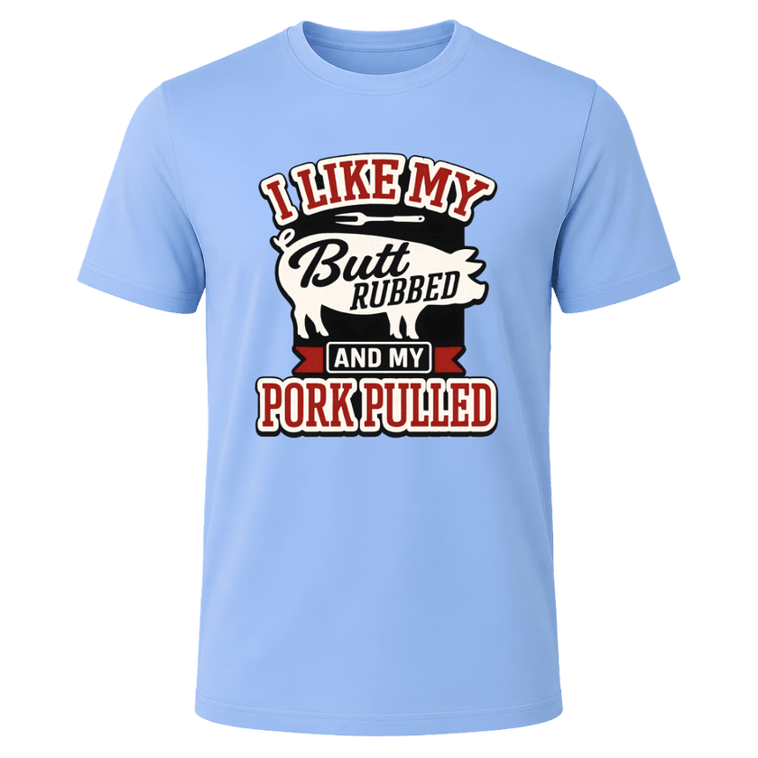 Carolina Blue pulled pork graphic T shirt with BBQ themed lettering and pig design for grill lovers and pitmasters.