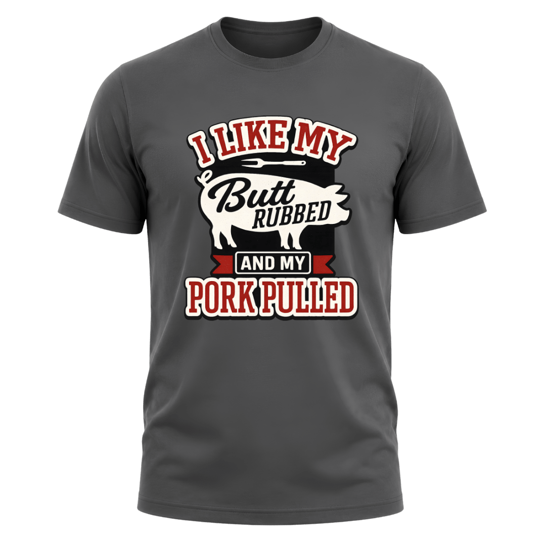 Charcoal Grey barbecue T shirt with funny pork pulled quote, bold graphic print, and casual cookout style.