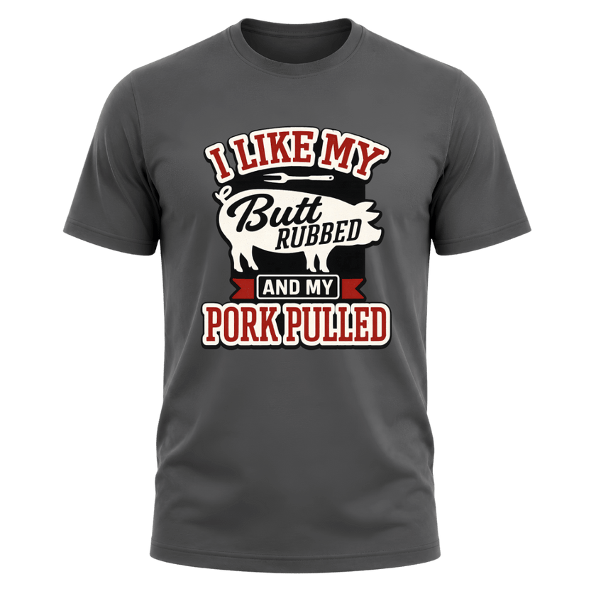Charcoal Grey barbecue T shirt with funny pork pulled quote, bold graphic print, and casual cookout style.