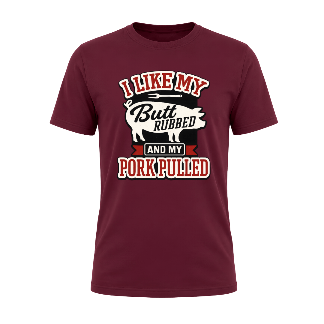 Maroon graphic T shirt featuring a bold BBQ pork design, perfect for grill masters, dads, and barbecue fans.