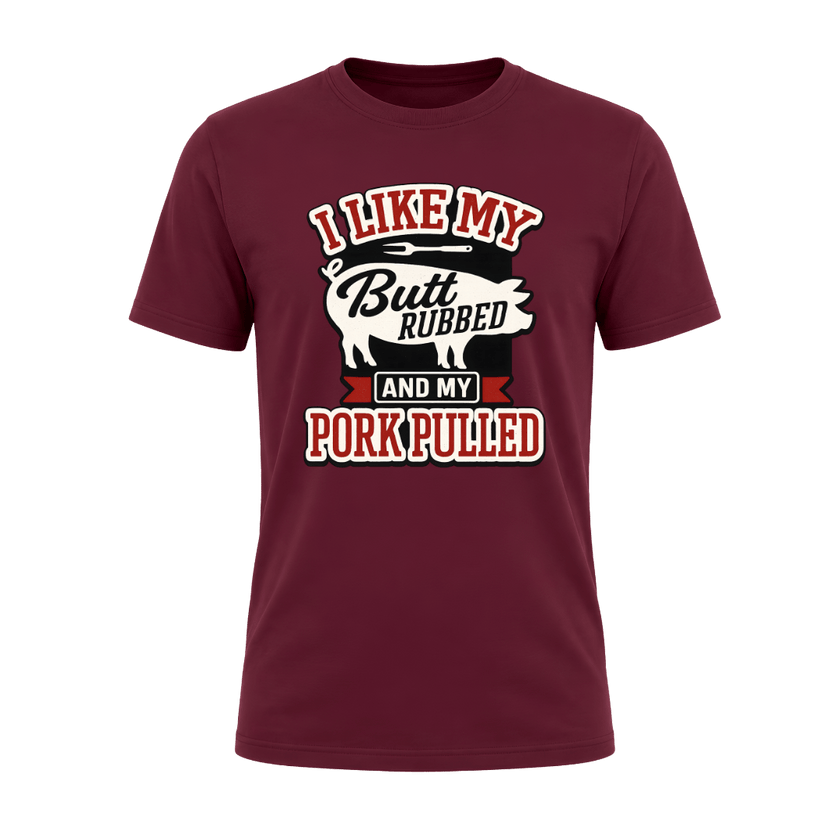 Maroon graphic T shirt featuring a bold BBQ pork design, perfect for grill masters, dads, and barbecue fans.