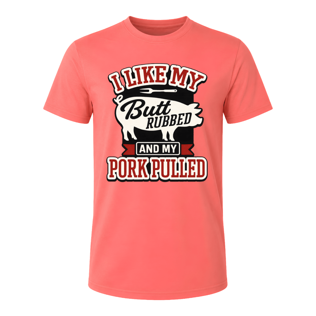 Coral Silk BBQ graphic tee with playful pork humor, pig artwork, and bold lettering for meat smoker enthusiasts.