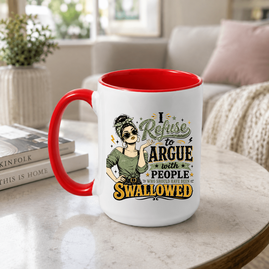 Red accent I Refuse to Argue funny coffee mug displayed on modern living room coffee table