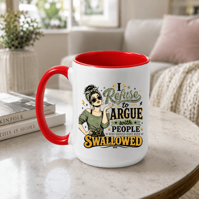 Red accent I Refuse to Argue funny coffee mug displayed on modern living room coffee table