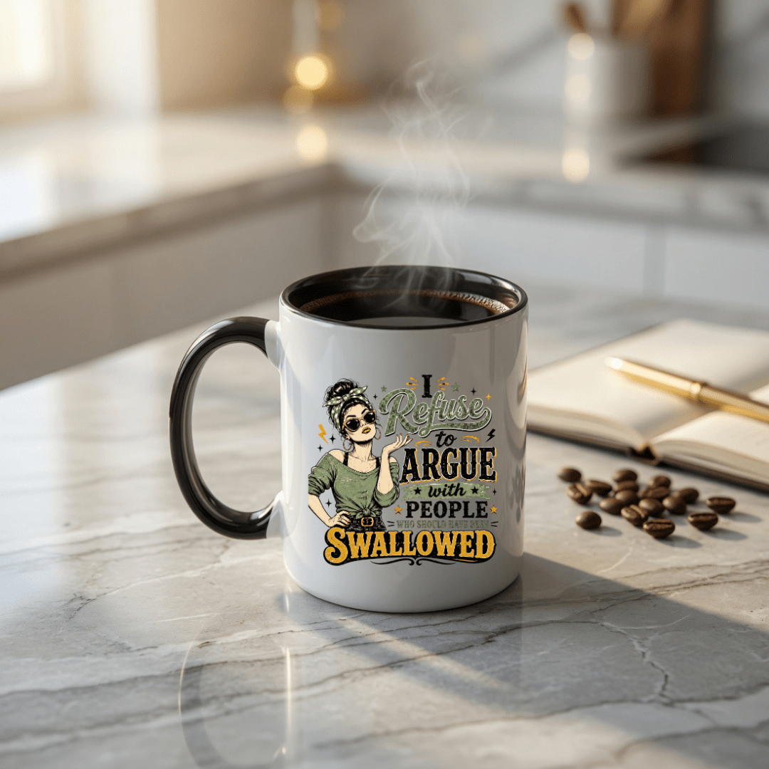 Black accent ceramic coffee mug filled with coffee featuring sarcastic I Refuse to Argue novelty design