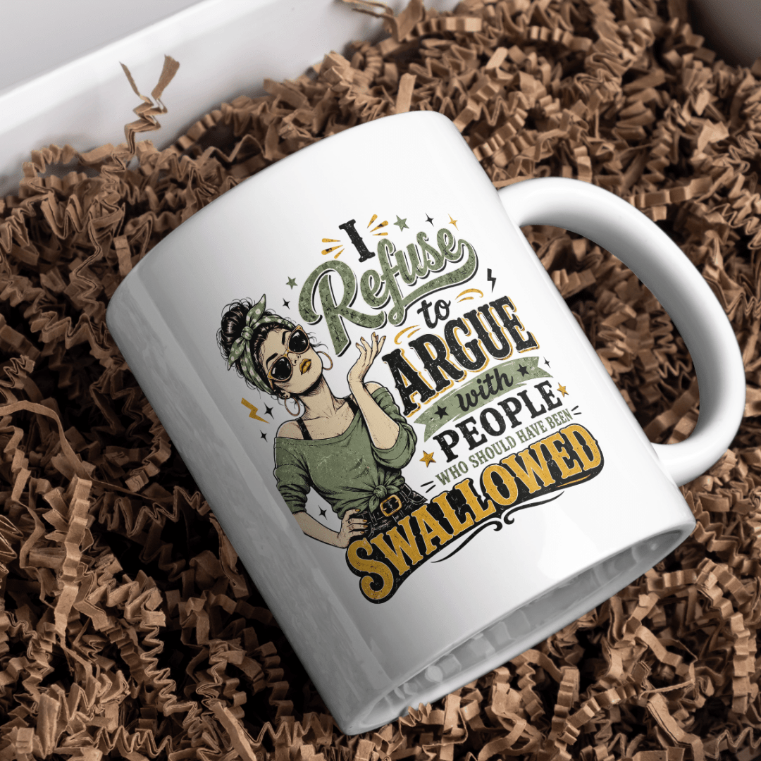 I Refuse to Argue funny white ceramic mug displayed in gift packaging with sarcastic vintage inspired graphic
